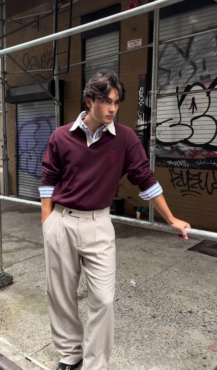 Men’s Red Knit Sweater & Beige Trousers Set – Casual Elegant Outfit