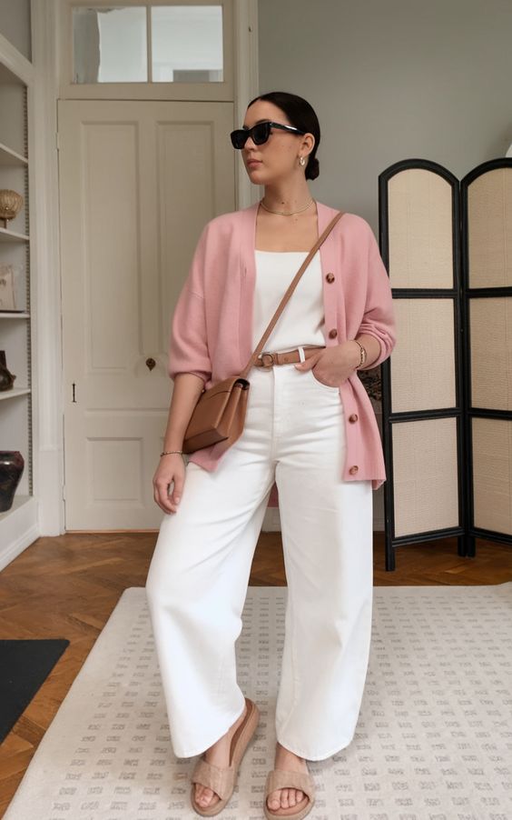 Rose Jacket & White Pants Set – Soft Chic Elegance