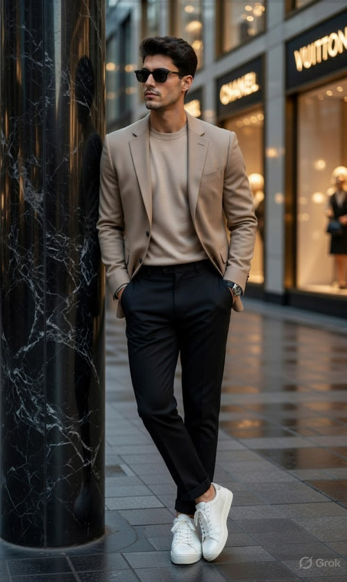 Men’s Black Trousers & Beige Cut-Sew Shirt Set – Modern Casual Outfit