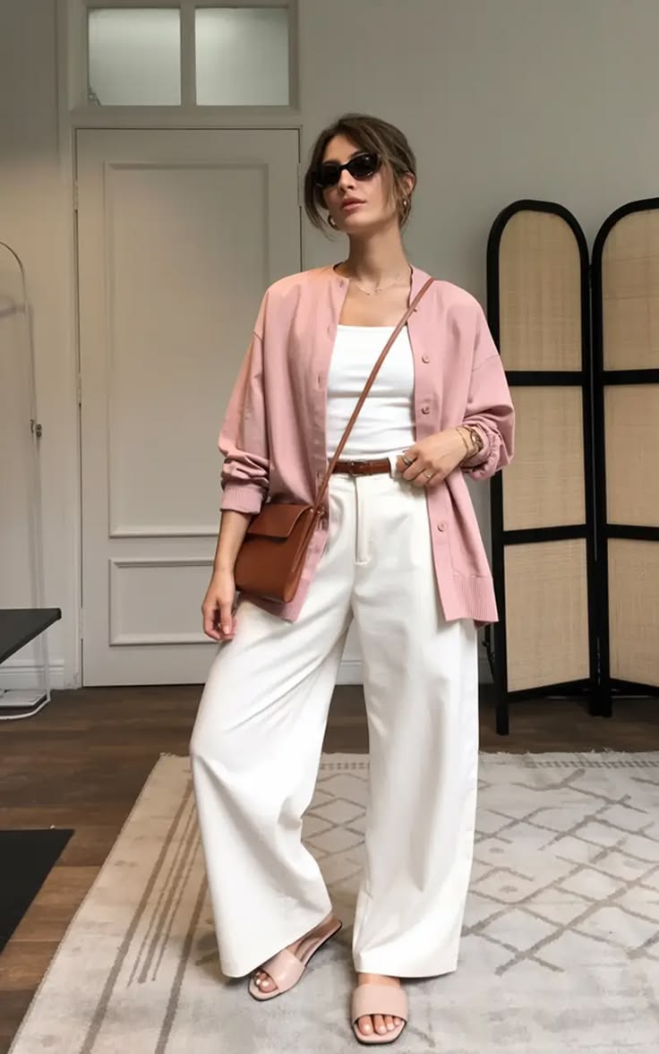 Rose Jacket & White Pants Set – Soft Chic Elegance