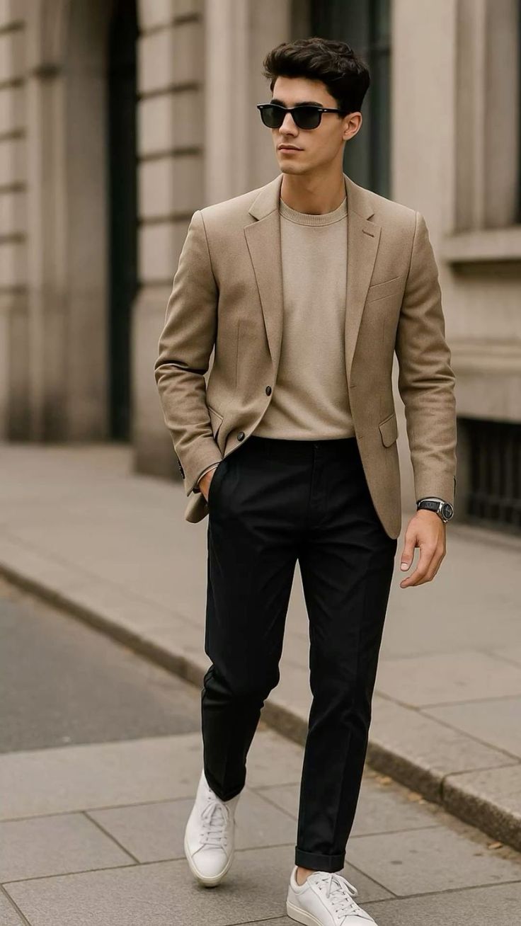 Men’s Black Trousers & Beige Cut-Sew Shirt Set – Modern Casual Outfit