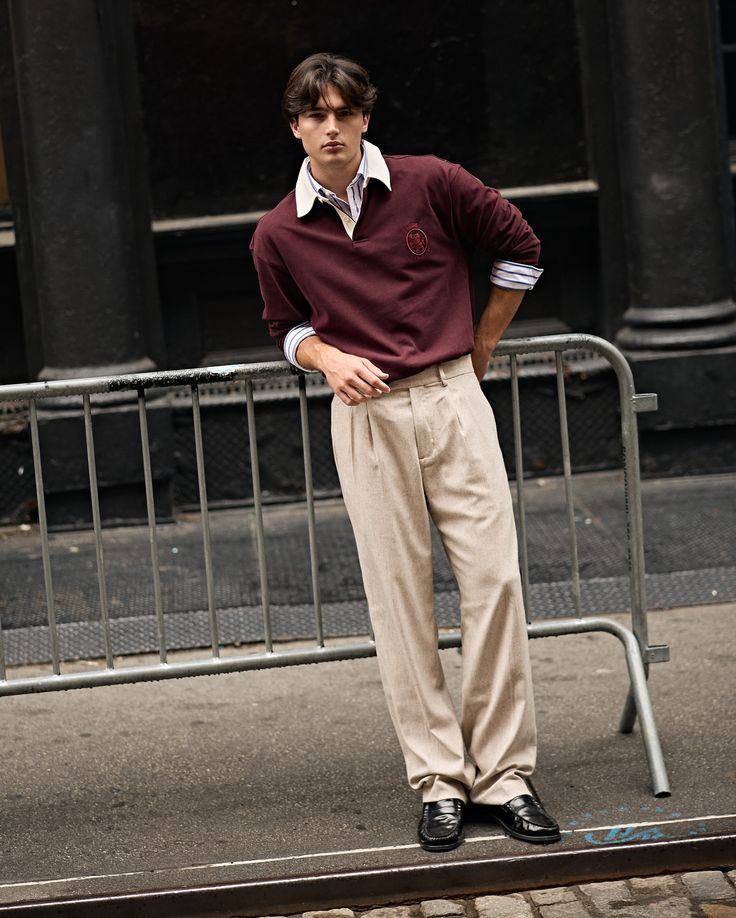 Men’s Red Knit Sweater & Beige Trousers Set – Casual Elegant Outfit