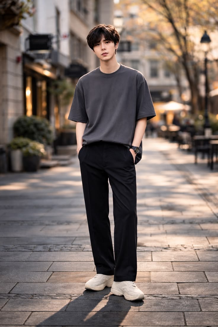 Men’s Grey T-Shirt & Black Trousers Set – Casual Streetwear Outfit